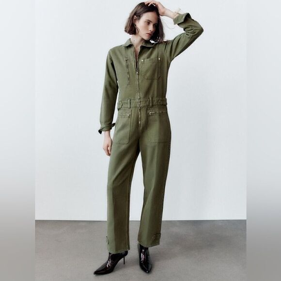 Zara Utility Jumpsuit Khaki New - Picture 5 of 5